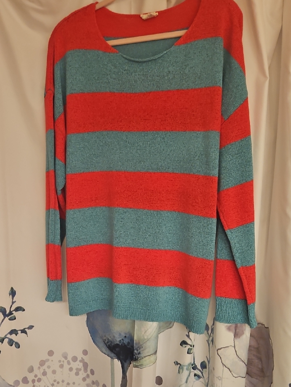BiBi Striped Hot Pink  and Teal Worn Once Crewneck Summwr Weight Sweater